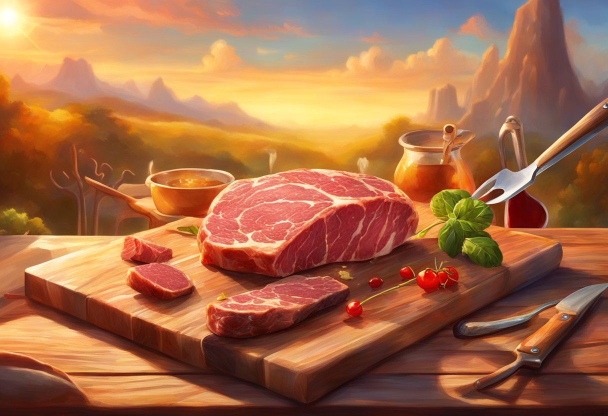 A selection of various cuts of meat displayed on a wooden cutting board, with grilling utensils and a sunny outdoor setting in the background