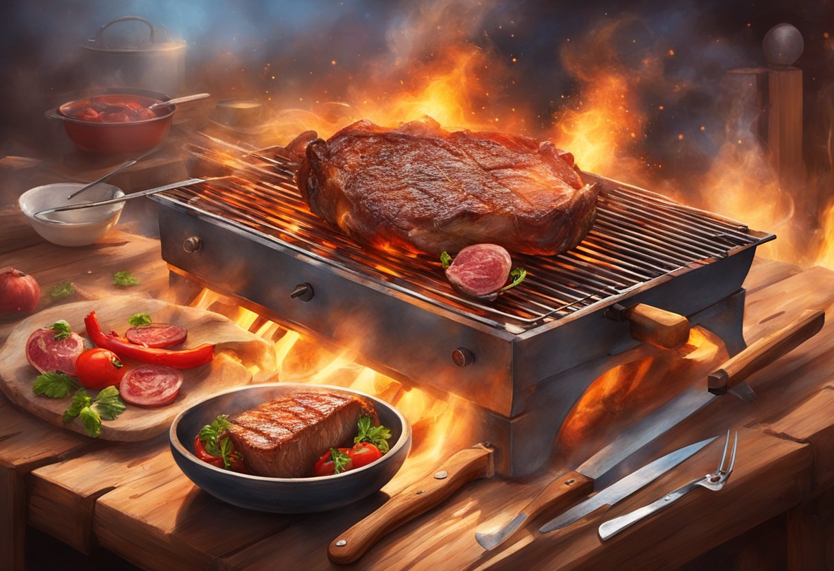 A grill sizzling in the sun, smoke rising from juicy cuts of meat, a chef's tools scattered on a wooden table