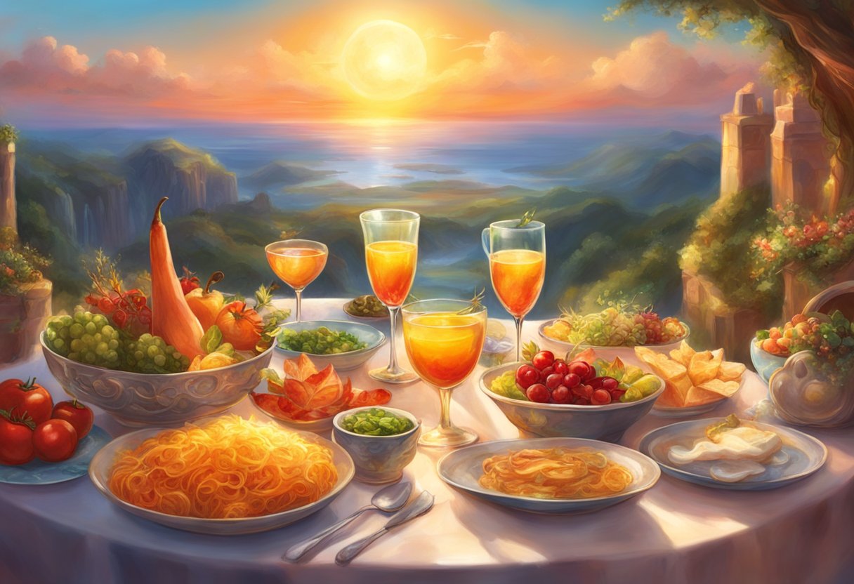 A table set with various side dishes and drinks, with a bright sun in the background