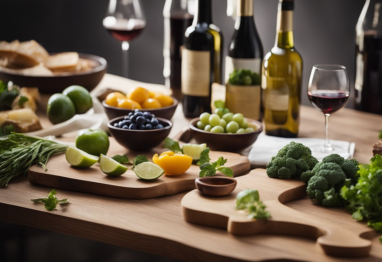 A selection of fresh ingredients arranged on a wooden cutting board, with a handwritten recipe card and a bottle of wine nearby