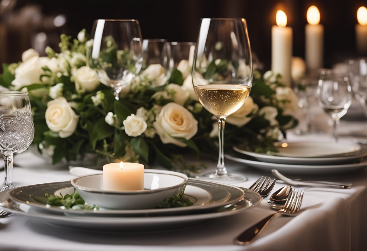 A beautifully set dinner table with elegant plates, silverware, and a centerpiece of fresh flowers. A delicious main course dish is placed in the center, surrounded by wine glasses and candlelight