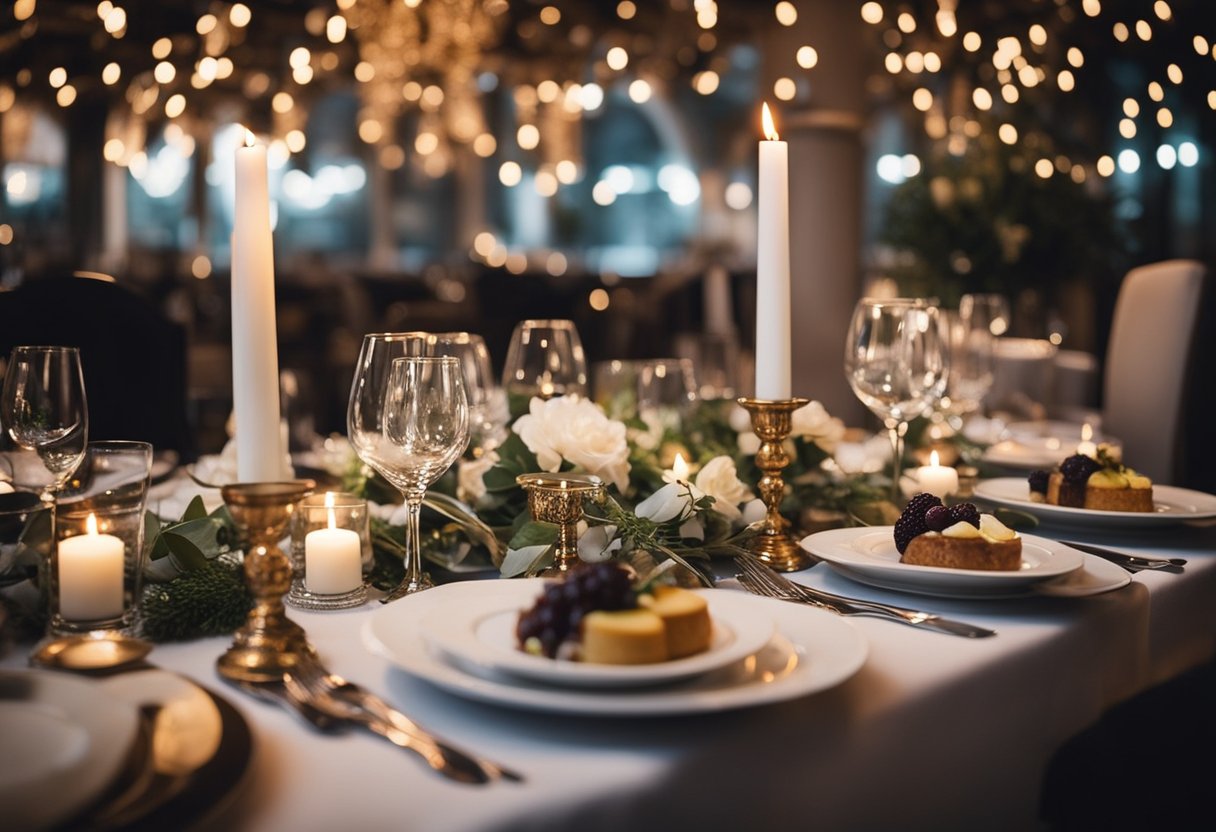 A beautifully set dining table with elegant dinnerware, decadent desserts, and soft candlelight for a special dinner