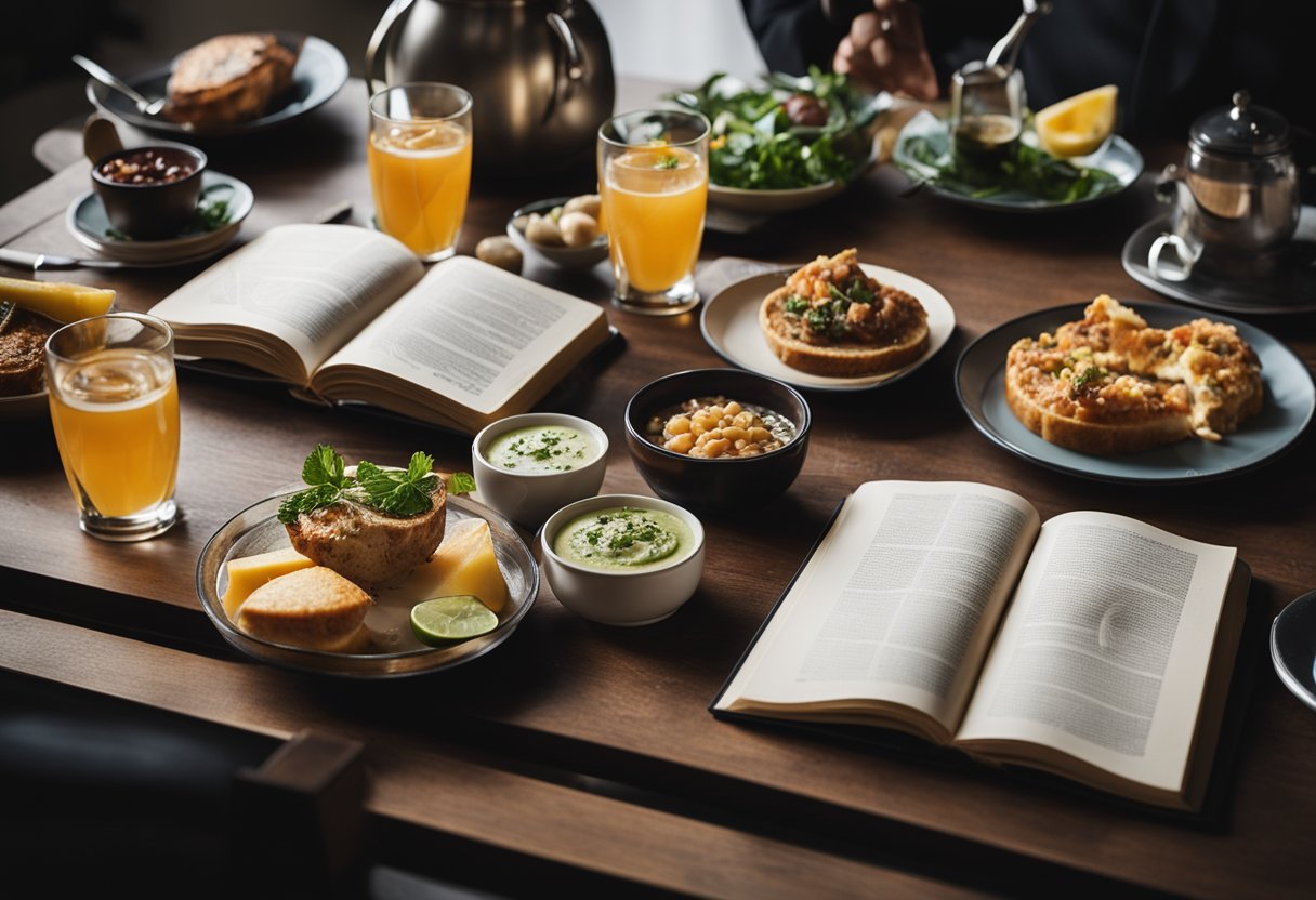 A table set with various drinks and recipe books for a special dinner