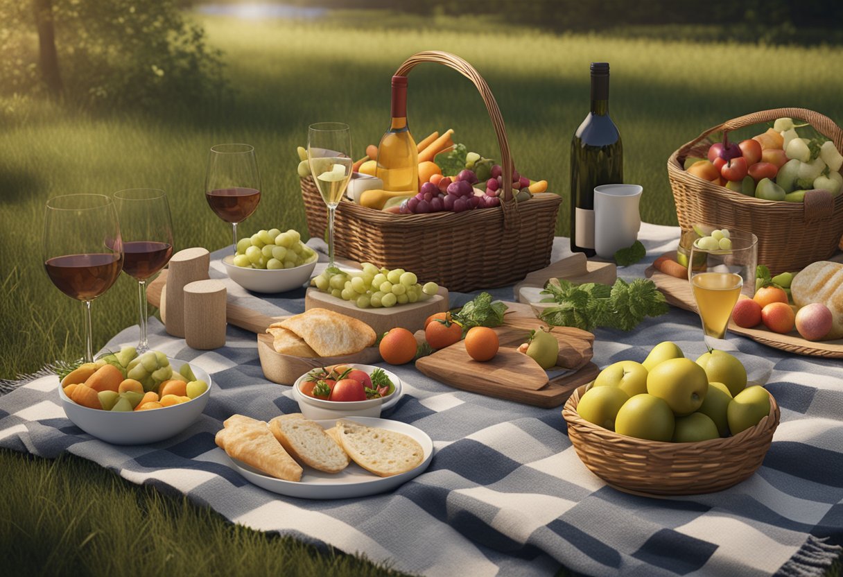 A picnic scene with a variety of fresh ingredients laid out on a checkered blanket, surrounded by a basket, wine glasses, and a selection of dishes