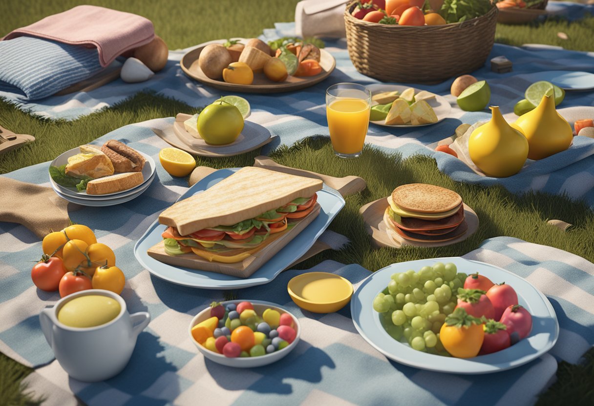 A picnic blanket spread out with an assortment of colorful plates and dishes filled with delicious food. Surrounding the blanket are trees and a sunny blue sky