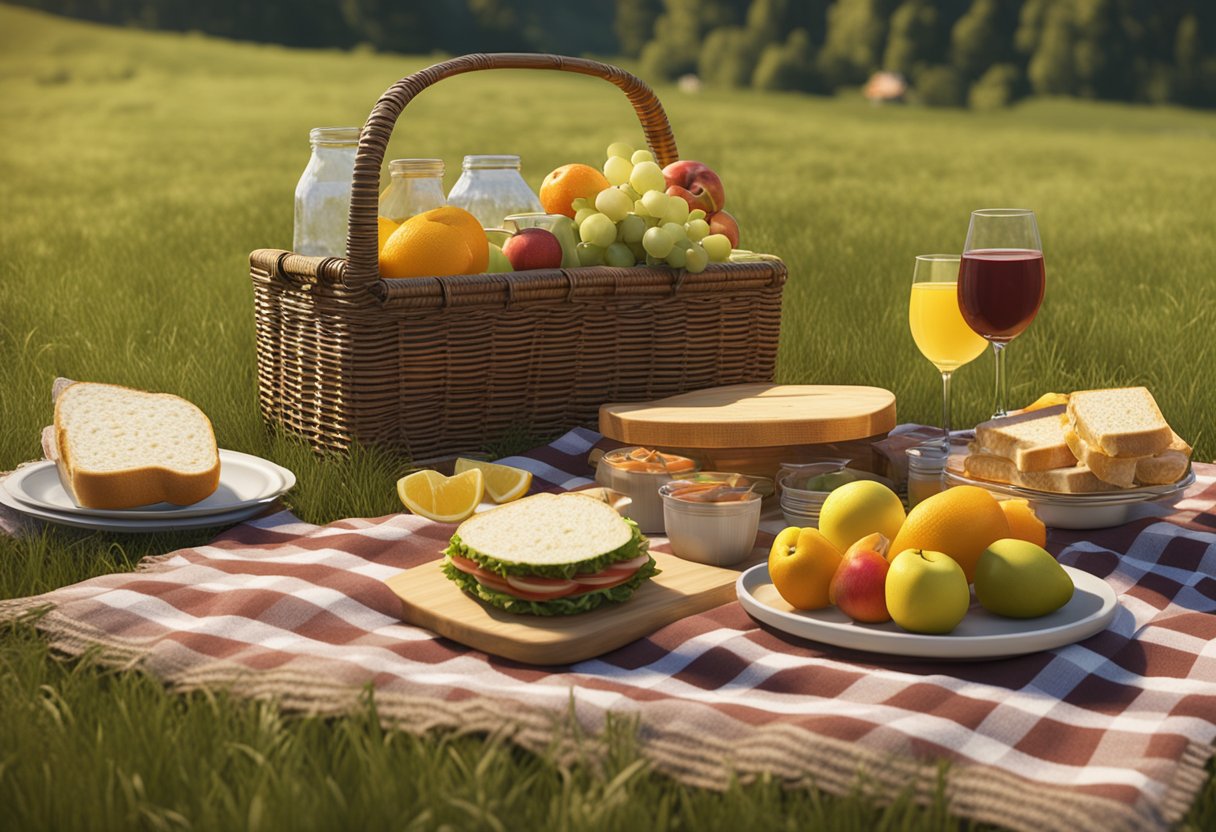 A picnic spread with sandwiches, fruits, and drinks laid out on a checkered blanket in a sunny, grassy field. A wicker basket and colorful napkins complete the scene