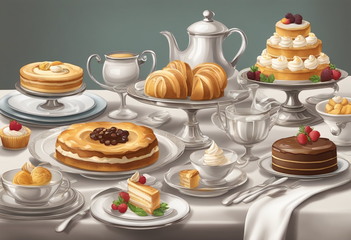 A table set with classic desserts, including cakes and pastries, surrounded by elegant dinnerware and glassware