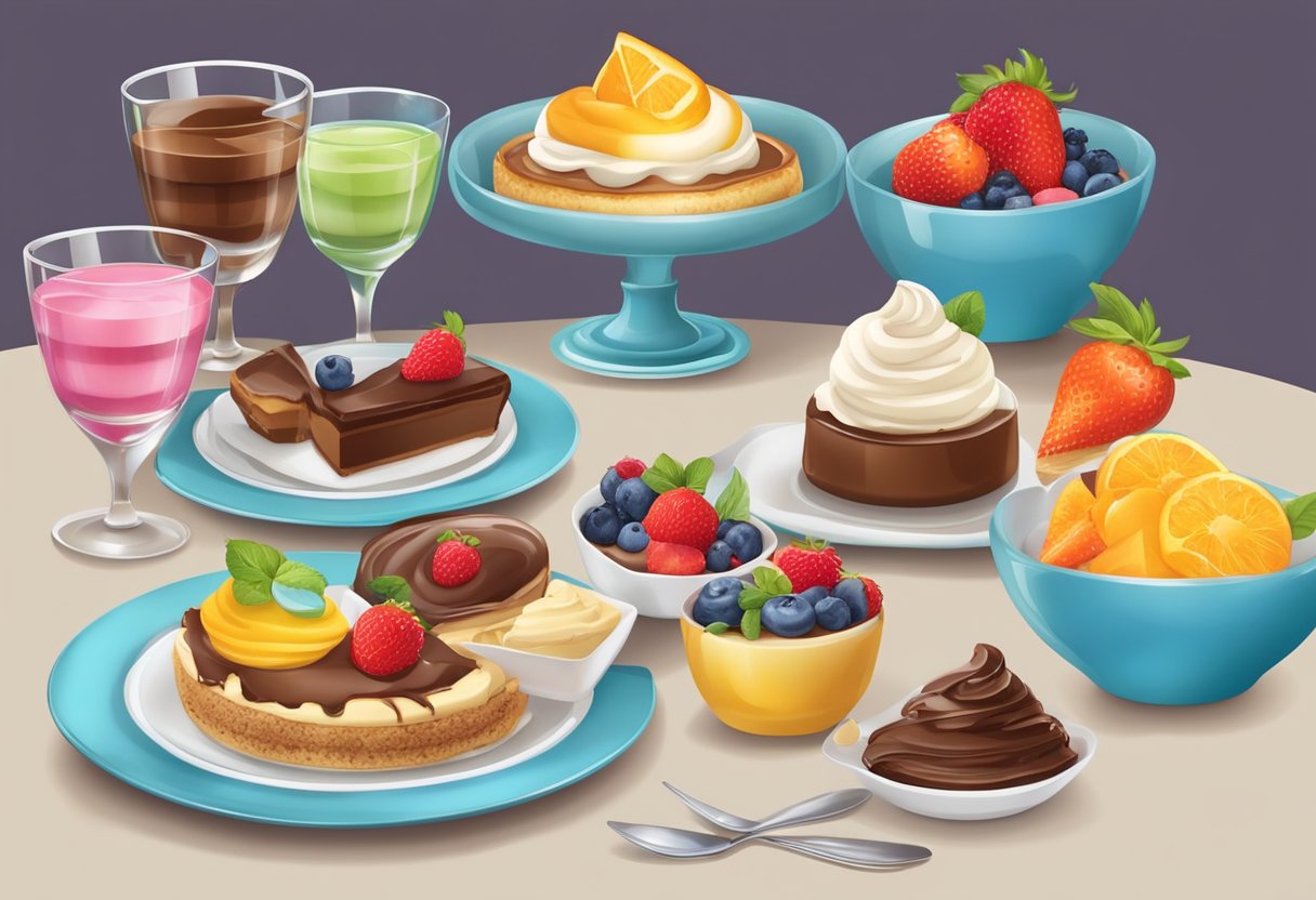 A table set with various quick and easy desserts, such as fruit tarts, chocolate mousse, and ice cream sundaes, with colorful toppings and decorative serving dishes