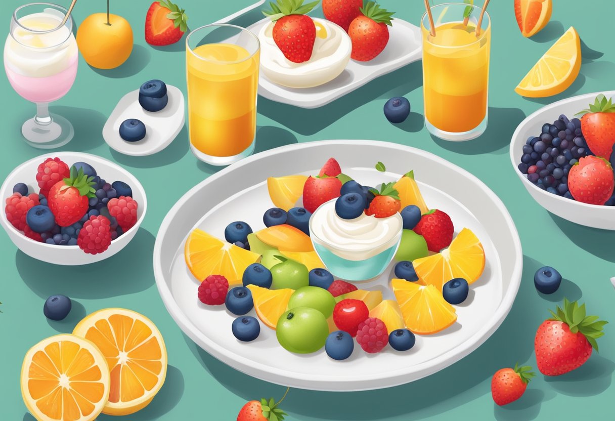 A table set with colorful fruit platters and yogurt parfaits, surrounded by happy weekend vibes