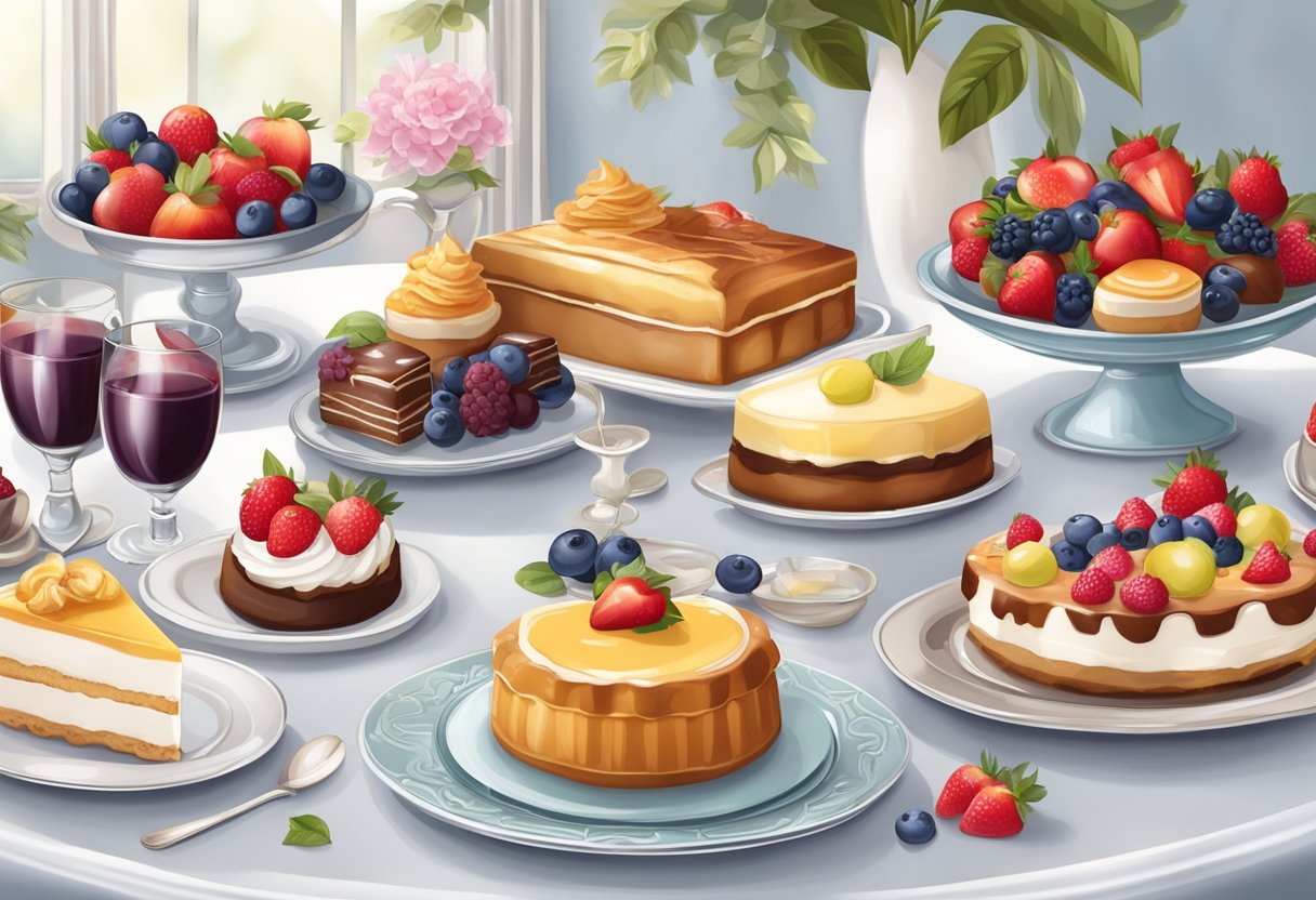 A beautifully set table with a variety of decadent desserts, including cakes, tarts, and pastries, arranged on elegant serving platters and surrounded by fresh fruit and flowers