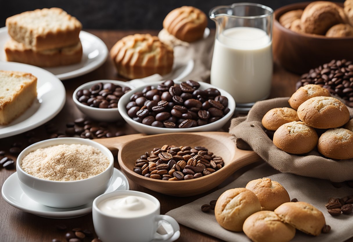 A selection of ingredients laid out on a kitchen counter, including coffee beans, milk, sugar, and a variety of baked goods. A recipe book is open to a page with instructions for a delicious afternoon coffee