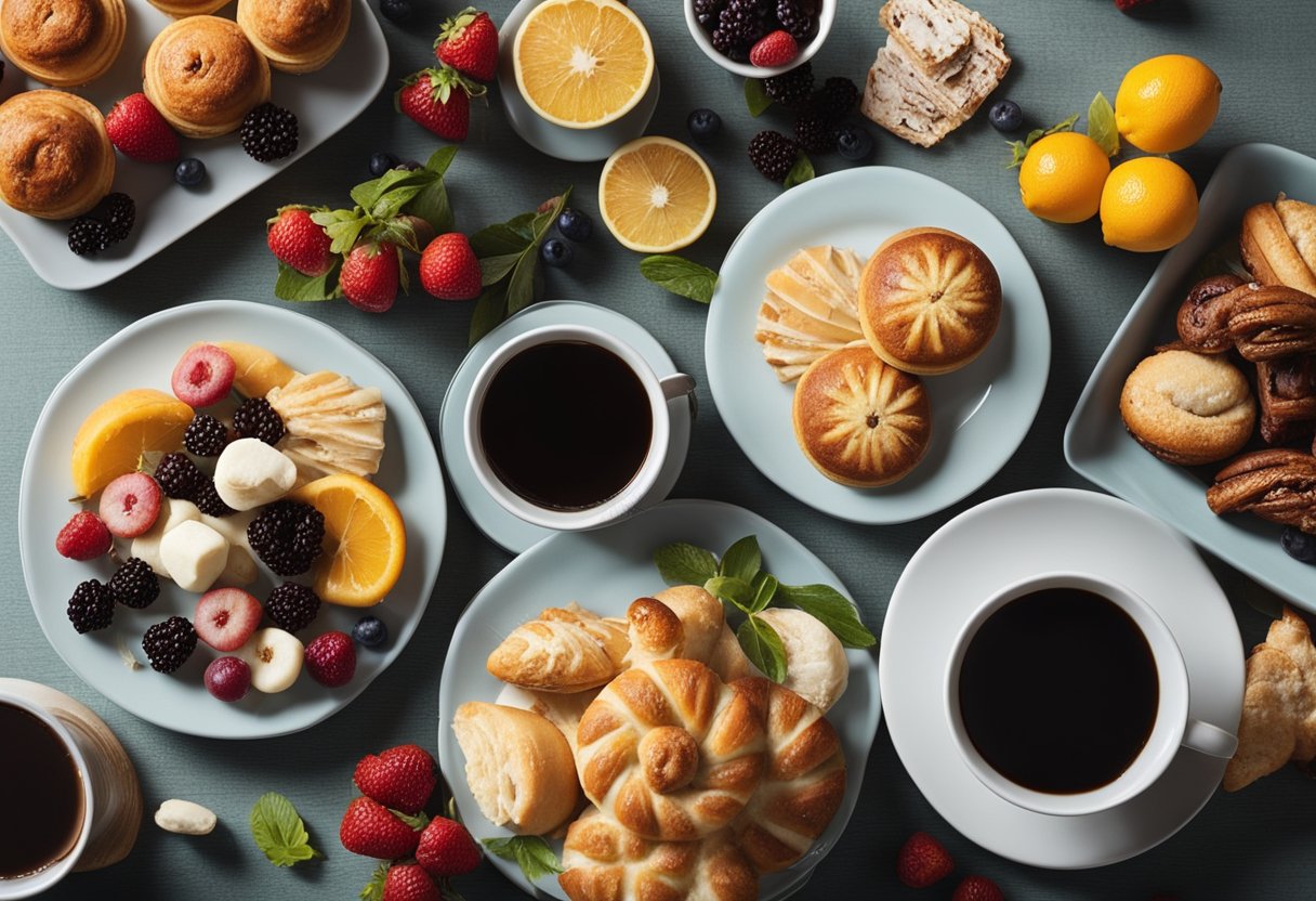 A table set with an assortment of pastries, fruits, and beverages for a delicious afternoon coffee break