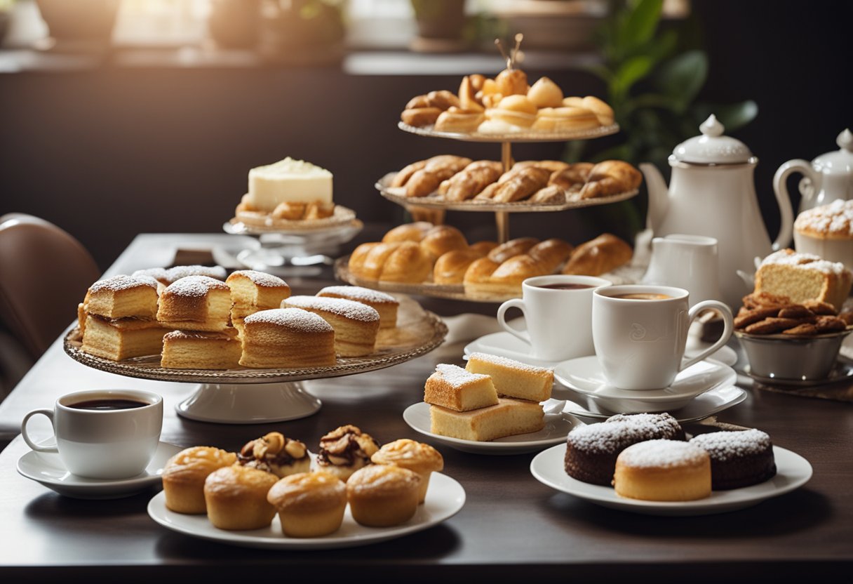 A beautifully set table with a variety of pastries, cakes, and drinks for a delightful afternoon coffee break