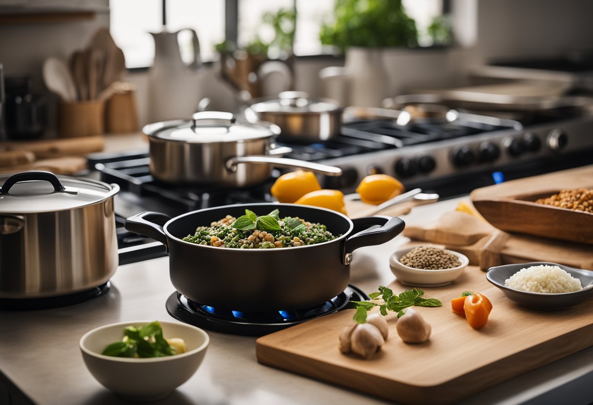 An open kitchen with various ingredients on the counter, a cookbook open to a recipe, and a pot simmering on the stove