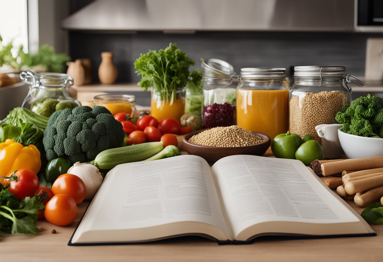 A kitchen counter with various ingredients like vegetables, spices, and pantry items laid out. A recipe book open to a page titled "Flexible Recipes: Making Delicious Dishes with Ingredients You Already Have at Home" sits nearby