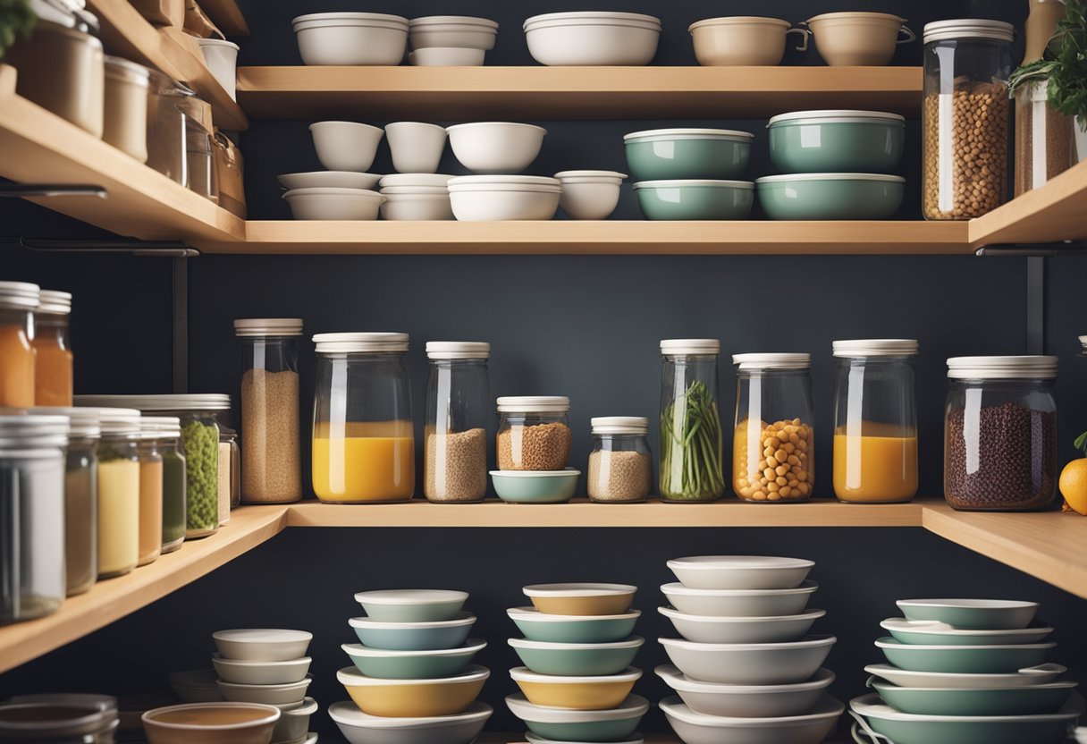 A well-organized pantry with shelves of ingredients and labeled containers. A kitchen with a variety of cookware and utensils. A cookbook open to a recipe with colorful illustrations