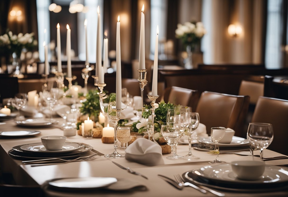 A beautifully set dining table with elegant and simple main course dishes for a romantic dinner