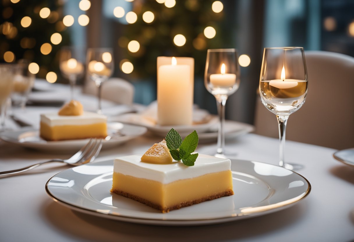 A beautifully set table with elegant dessert dishes and romantic ambiance. Soft candlelight illuminates the scene, creating a warm and inviting atmosphere