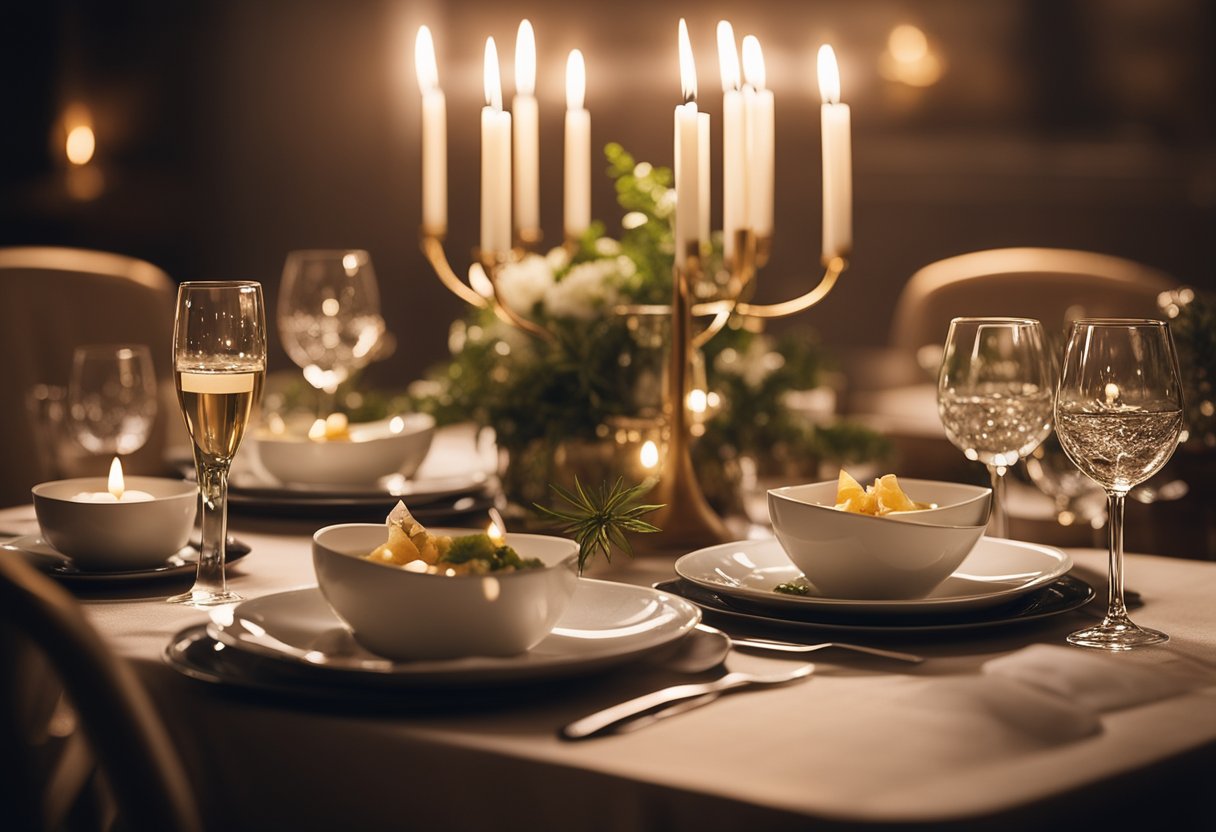 A cozy, candlelit dining table set with elegant dinnerware and a simple yet sophisticated meal for a romantic dinner