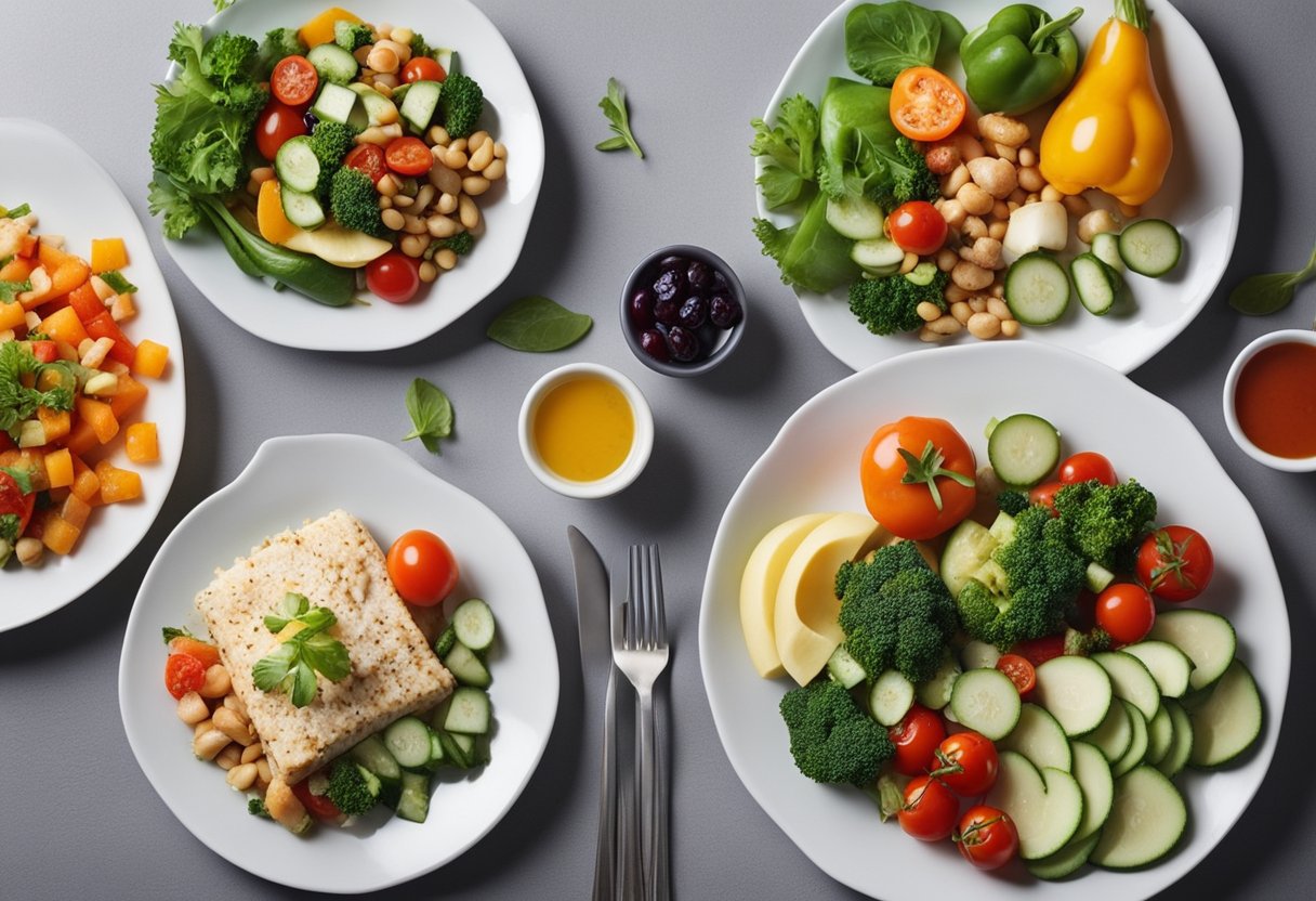 A table set with colorful low carb lunch and dinner dishes. Vegetables, lean protein, and healthy fats are arranged in appetizing and visually appealing compositions