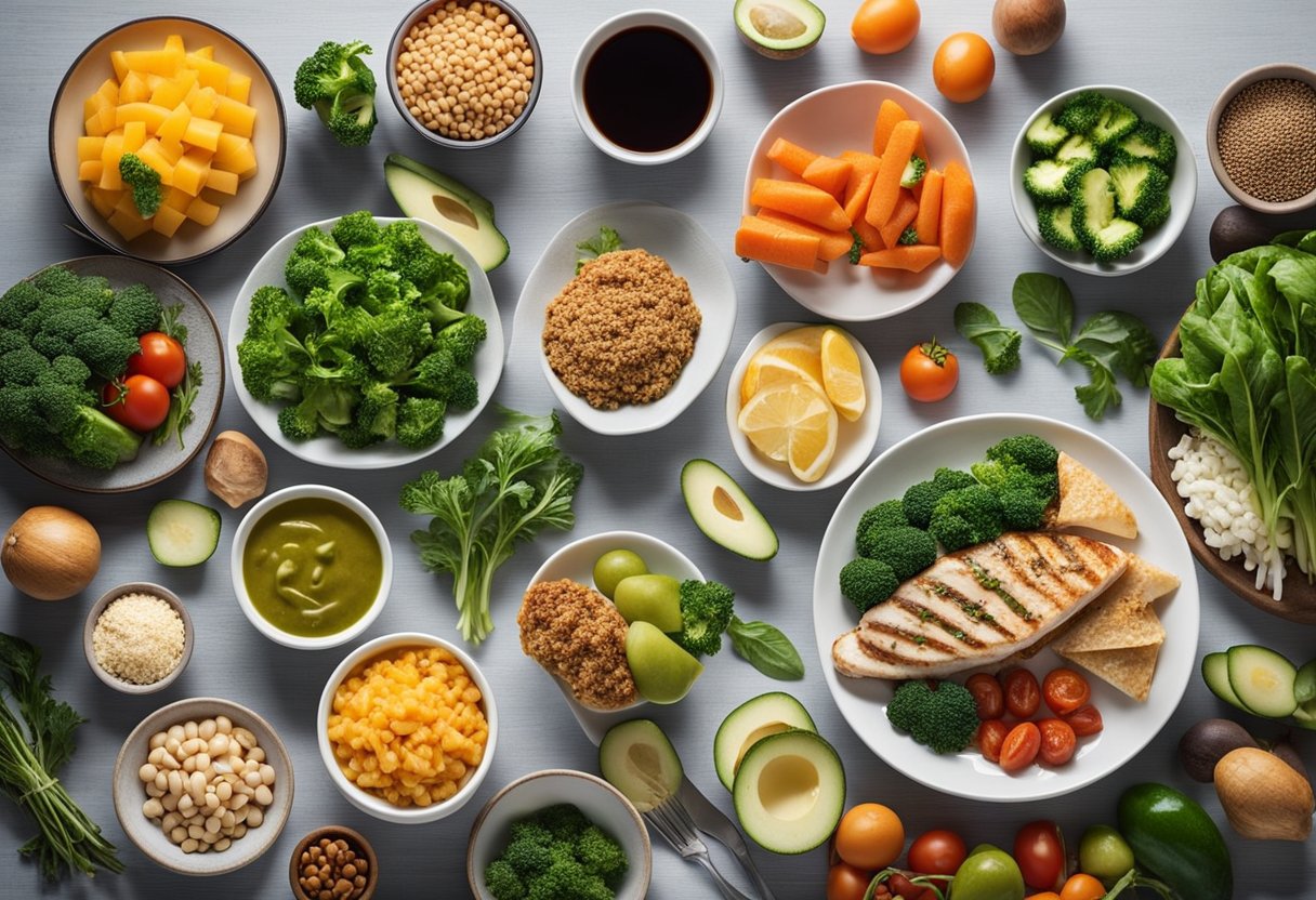 A table set with various low carb lunch and dinner options, including vegetables, lean proteins, and healthy fats. A banner with "Frequently Asked Questions Ideias de Almoços e Jantares Low Carb" hangs above the table