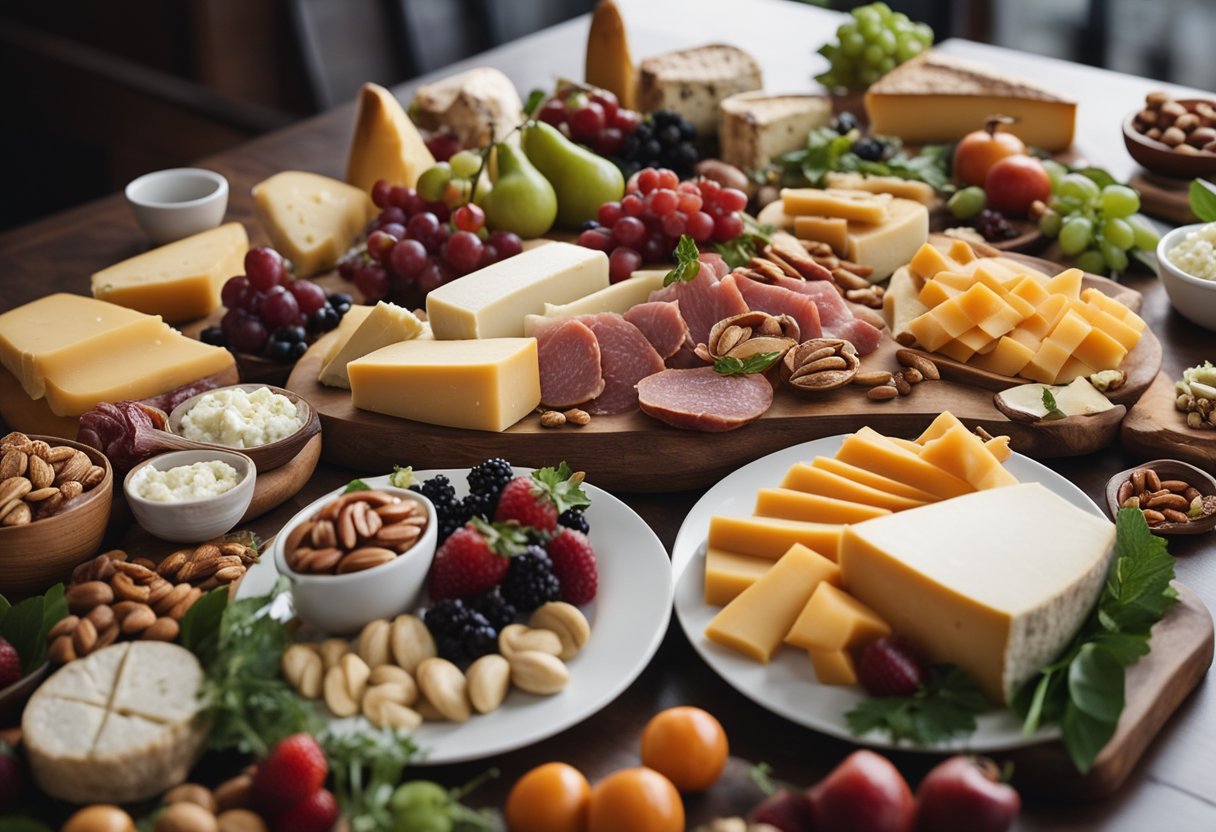 A table filled with a variety of fresh ingredients, such as cheeses, meats, fruits, and nuts, arranged in an appetizing display for guests