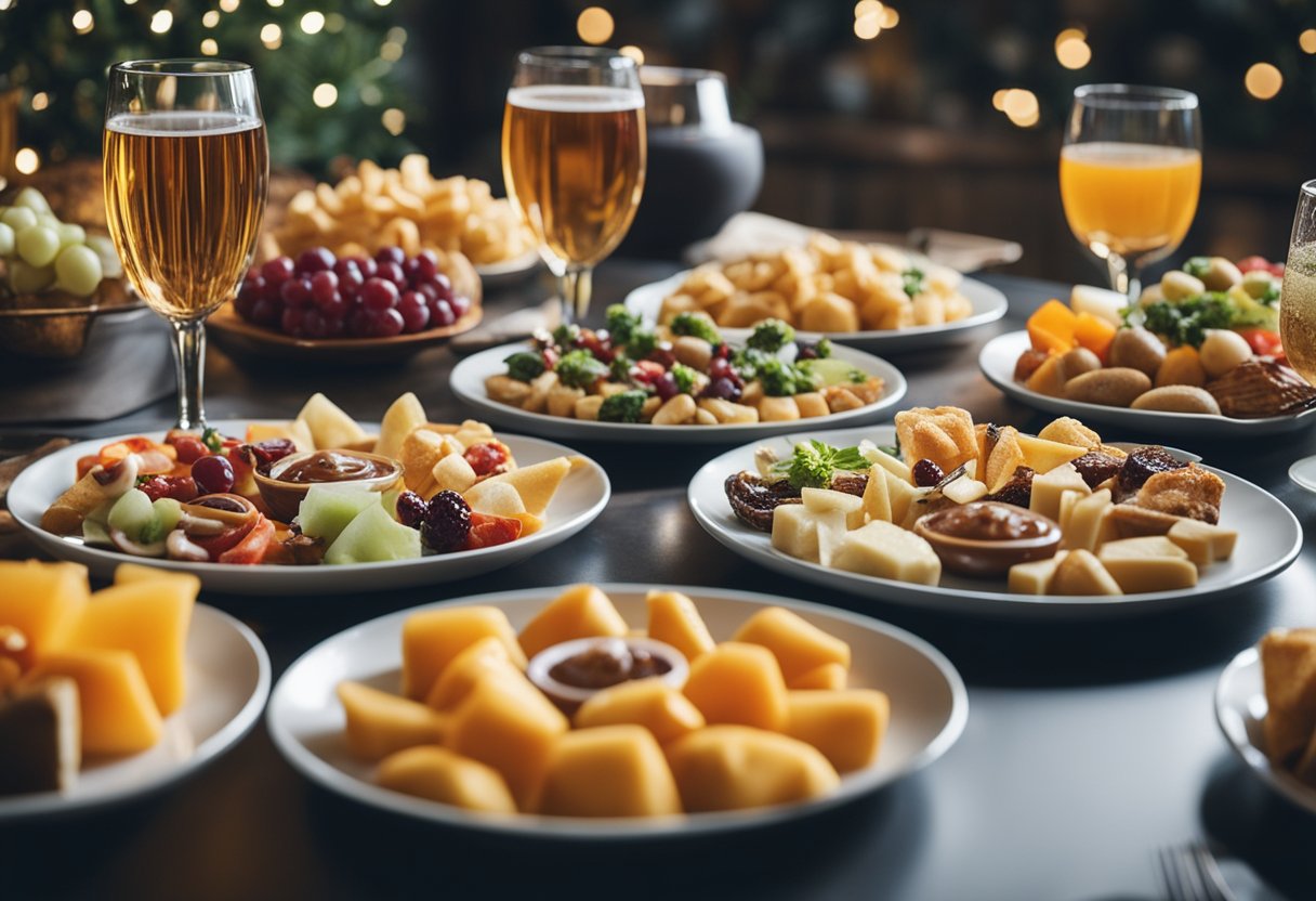 A table set with an array of colorful and appetizing snacks, surrounded by glasses of drinks and a festive atmosphere