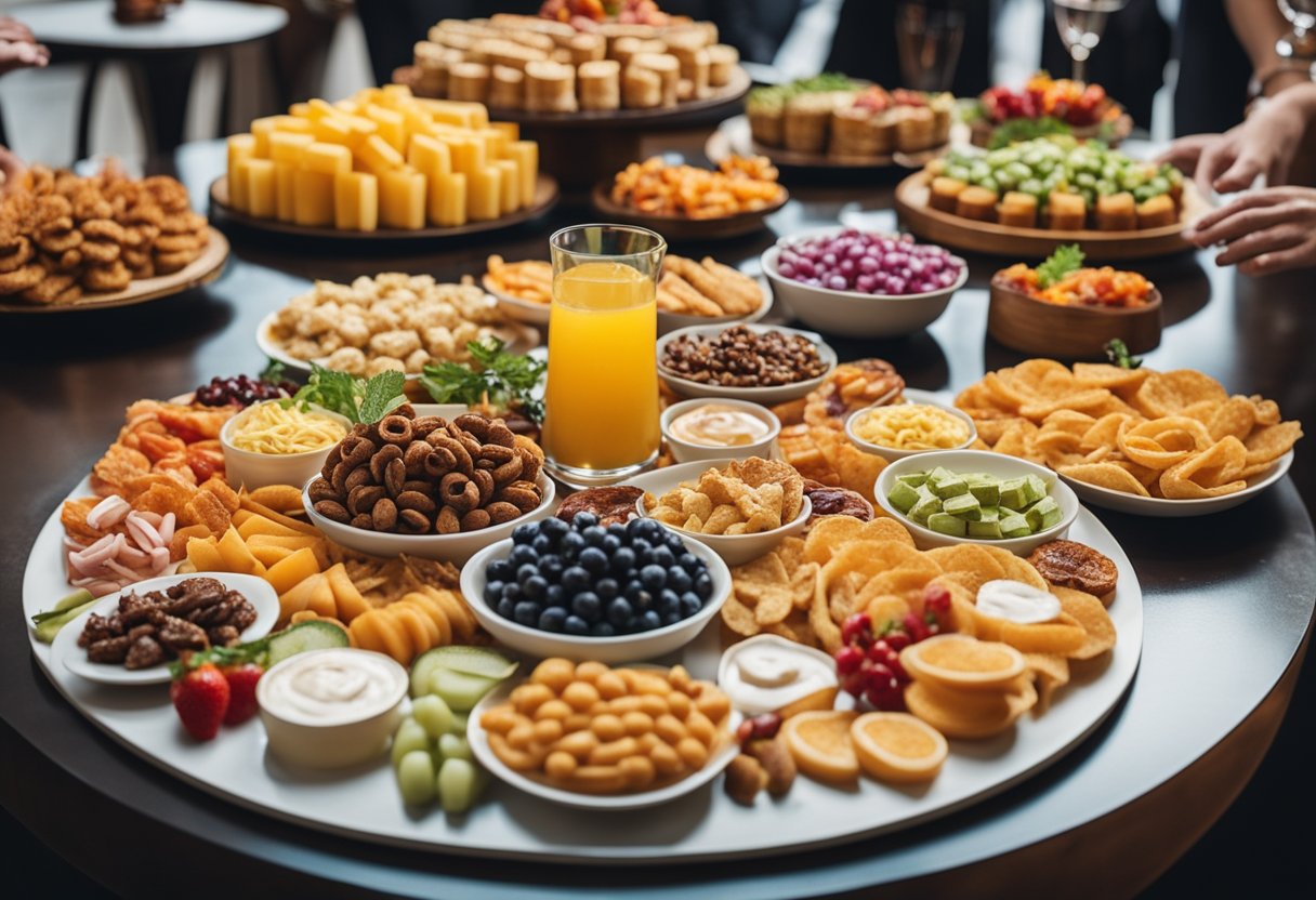 A table adorned with an array of colorful and appetizing snacks, surrounded by impressed guests