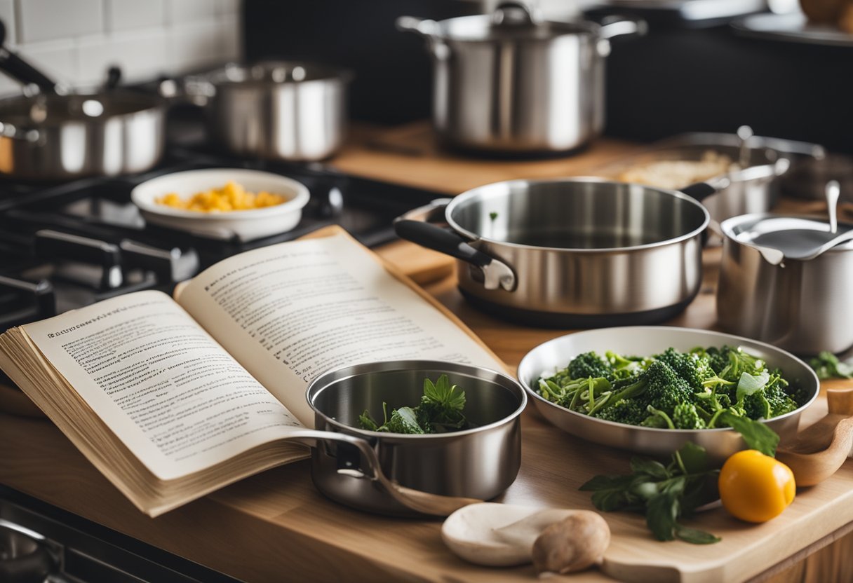 A kitchen with pots and pans on the stove, ingredients on the counter, and a cookbook open to a page titled "Princípios de Economia na Cozinha Receitas Deliciosas que Cabem no Bolso."