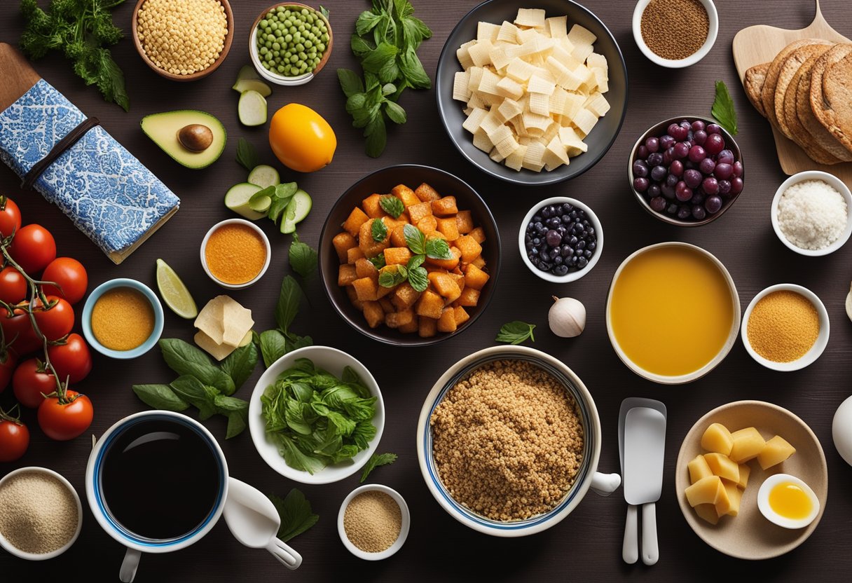 A table filled with affordable and delicious ingredients, surrounded by colorful cookbooks and budget-friendly kitchen utensils