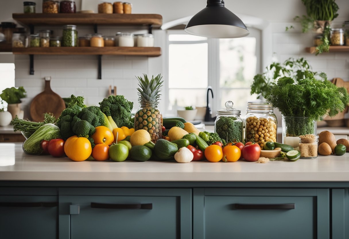 A kitchen counter with fresh fruits, vegetables, and herbs. A cookbook open to a page of budget-friendly recipes. A pantry stocked with canned goods and dry ingredients