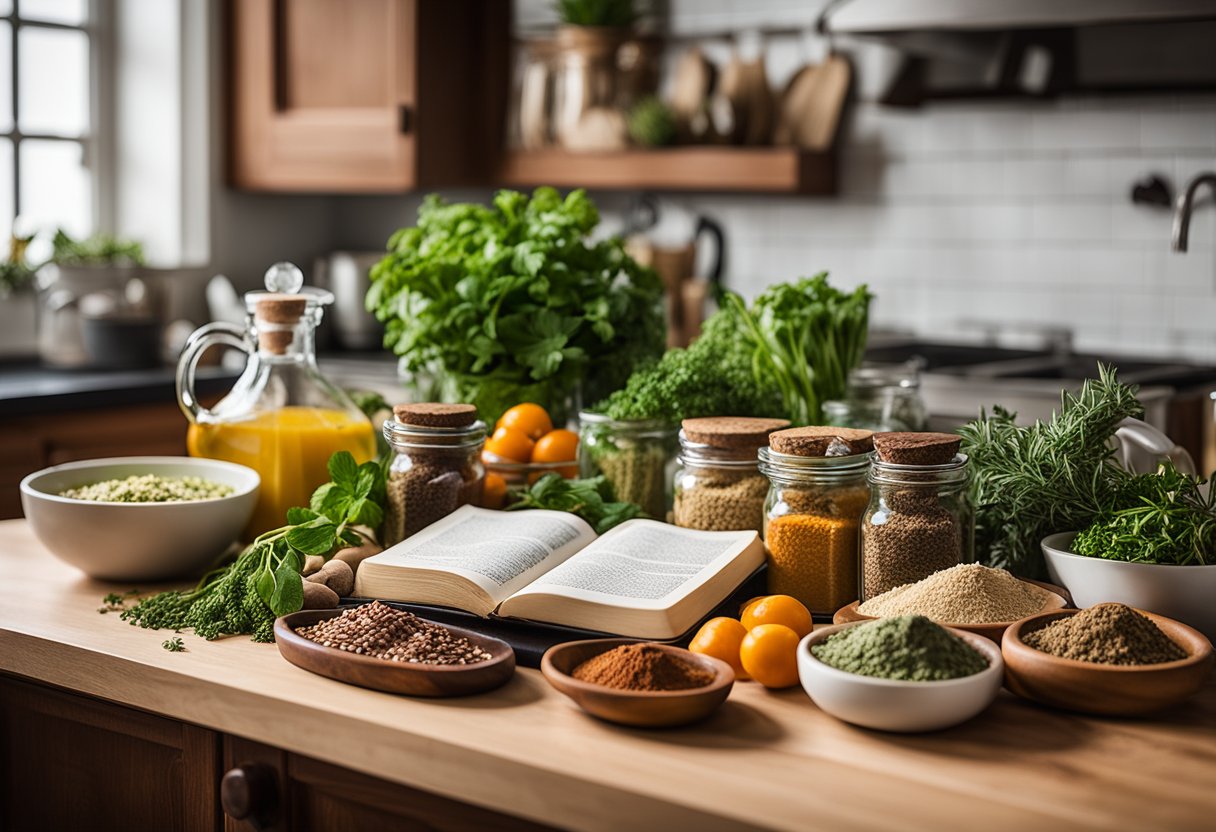 A colorful array of herbs, spices, and fresh ingredients arranged on a kitchen counter, with a cookbook titled "Temperos e Substituições Inteligentes Receitas Deliciosas que Cabem no Bolso" open to a mouth-water