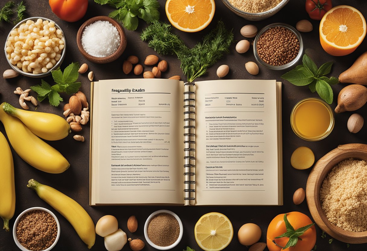 A table with a variety of budget-friendly ingredients and a cookbook titled "Frequently Asked Questions Receitas Deliciosas que Cabem no Bolso" displayed prominently